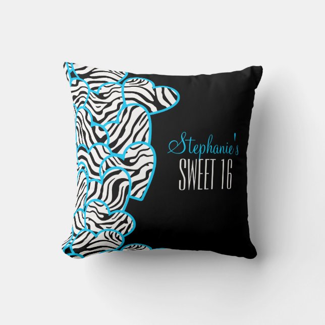 Coussin Style Blue Sweet 16 Zebra Heart Design Nom (Recto)