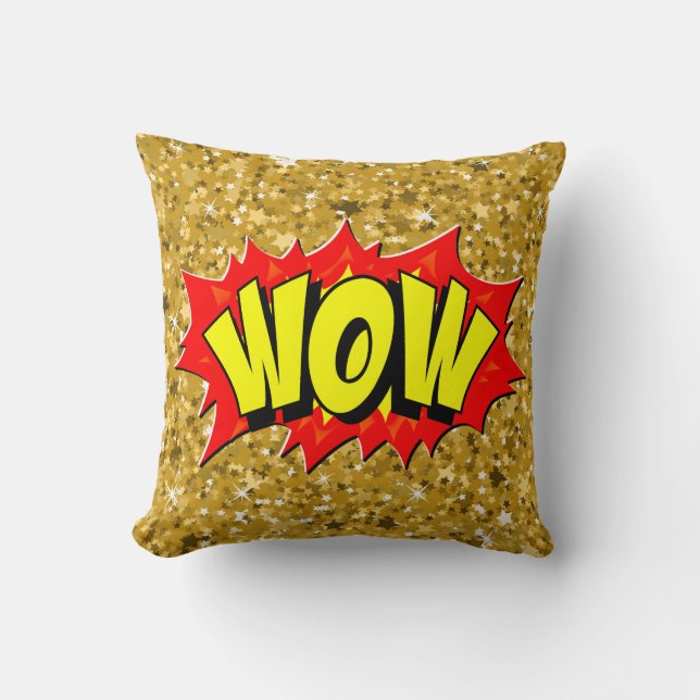 Coussin Style comique Pop Art rétro Jaune Rouge or WOW (Recto)