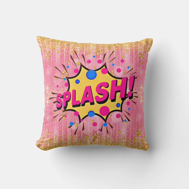 Coussin Style comique Pop Art rétro rose jaune or SPLASH (Recto)