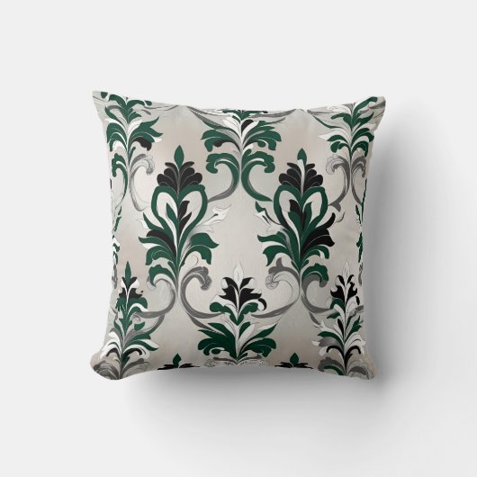 Coussin Style Damassé Vert, Noir, Blanc et Argent (Recto)