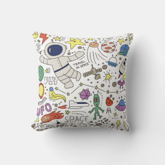 Coussin Style Doodle, illustration du thème spatial.