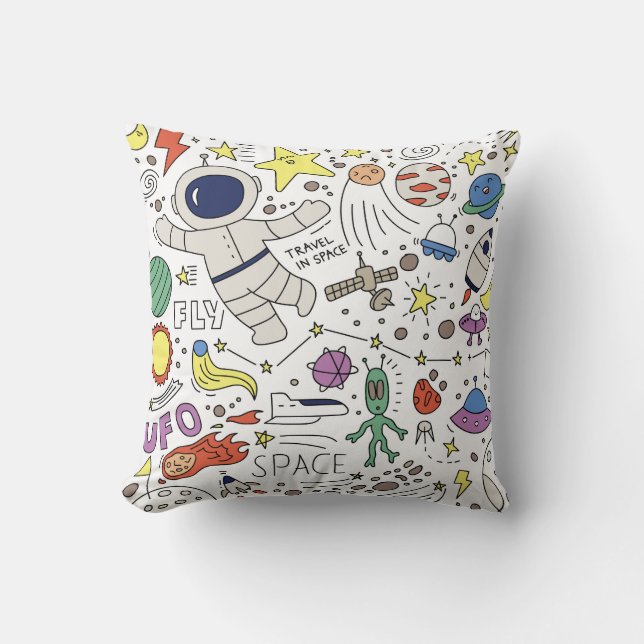 Coussin Style Doodle, illustration du thème spatial. (Recto)