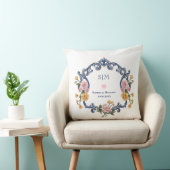 Coussin Style Élégant Mariage Bleu Monogramme et Floral (Chaise)