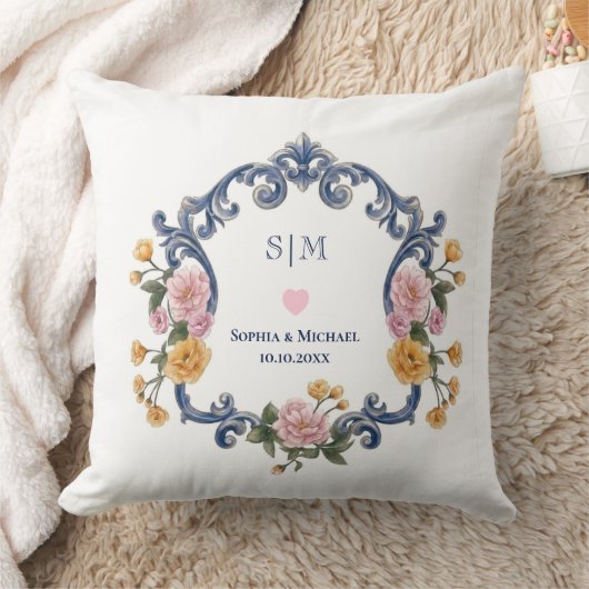 Coussin Style Élégant Mariage Bleu Monogramme et Floral (Couverture)