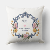 Coussin Style Élégant Mariage Bleu Monogramme et Floral (Verso)