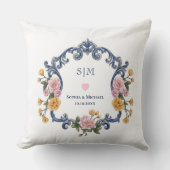 Coussin Style Élégant Mariage Bleu Monogramme et Floral (Recto)