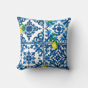 Coussin style italien, méditerranéen, mosaïque, bleu, citr