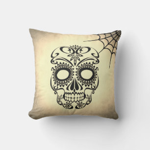 Coussin Style rétro vintage crâne et os croisés Cobweb
