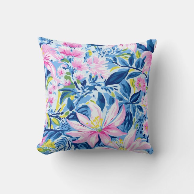 Coussin Style tendance Bleu Rose Lilly Motif Floral (Recto)