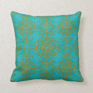 Coussin Style vintage Damask Turquoise Aqua Gold Motif