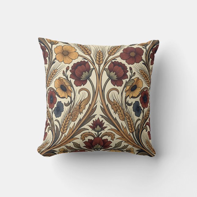 Coussin Style William Morris Rouge Or Fleur Motif Blé (Recto)