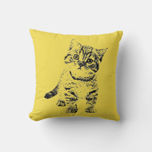 Coussin Stylo à encre de chat mignon Croquis jaune