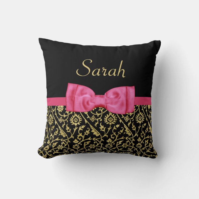 Coussin Stylo Black Gold Floral Damask Pink Bow et nom (Recto)