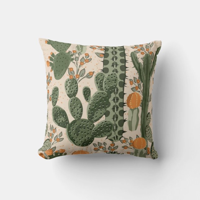 Coussin Succulents verts, fleurs oranges, papier peint de  (Recto)