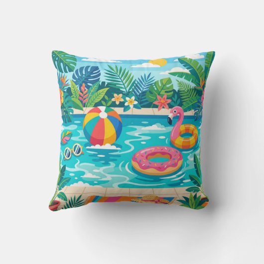 Coussin Summer Pool Party Illustration Throw Pillow (Verso)