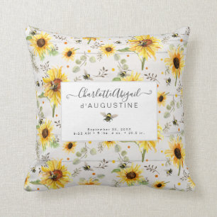 Coussin Sunflower Bee Rustic Wood Yellow Birth Stats Baby 