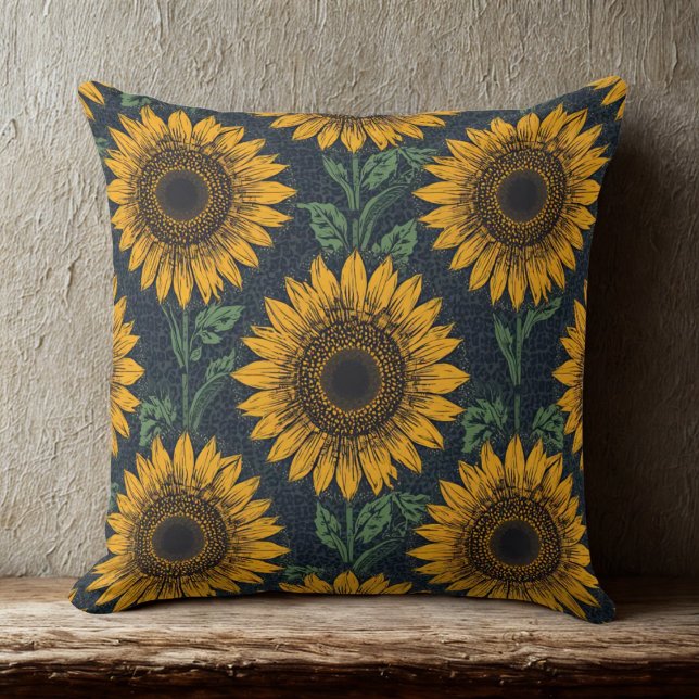 Coussin Sunflower et Cheetah Motif d'impression (sunflowers on navy cheetah background throw pillow)