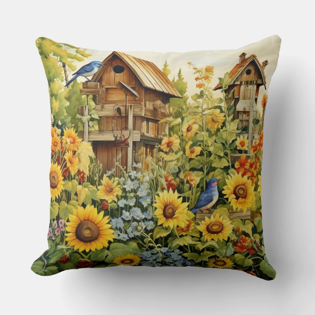 Coussin Sunflower Garden Bird Maisons Oiseaux bleus (Recto)