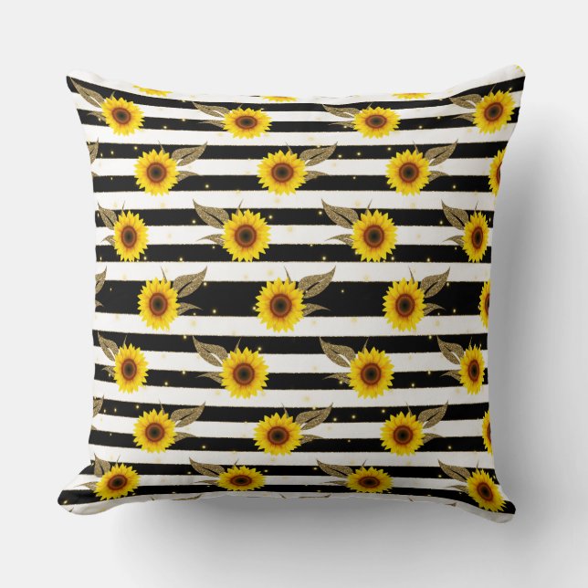 Coussin Sunflowers with Black and White Horizontal Lines (Recto)