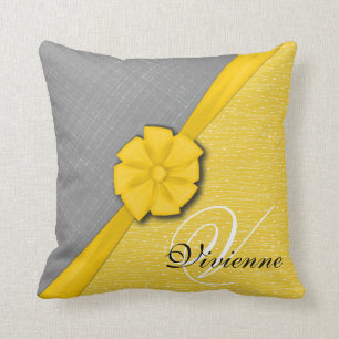 Coussin Sunny Ribbon, Two Tone Yellow Waves Grey Fabric