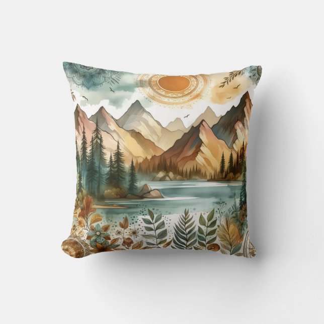 Coussin Sunny Rustique Boho Nature Motif Mountain Lake (Recto)