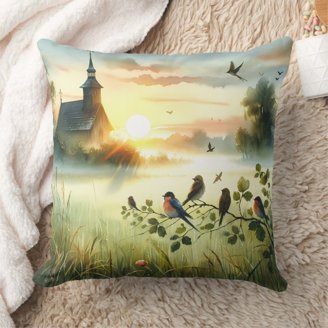 Coussin Sunrise Church with Birds in Misty Meadow No Verse (Couverture)