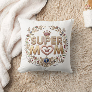 Coussin Super Maman Couronne Florale Élégante Badge Or