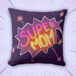 Coussin Super Maman Fleur Néon Bulle de Bande Dessinée Fêt