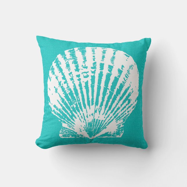Coussin Superbe Aqua avec Coquillages Blancs look Burlap (Recto)
