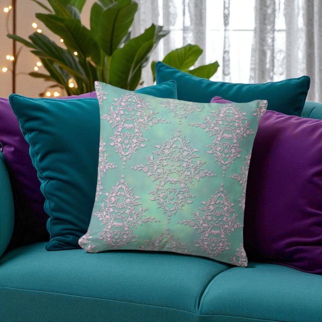 Coussin Superbe damas pastel sarcelle et lilas (Créateur téléchargé)