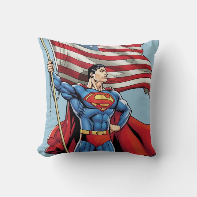 Coussin Superman tenant le drapeau américain (Recto)