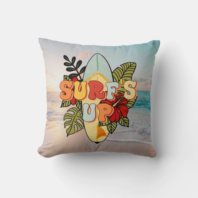 Coussin Surf d'été fleurs de plage et feuilles tropicales (Recto)