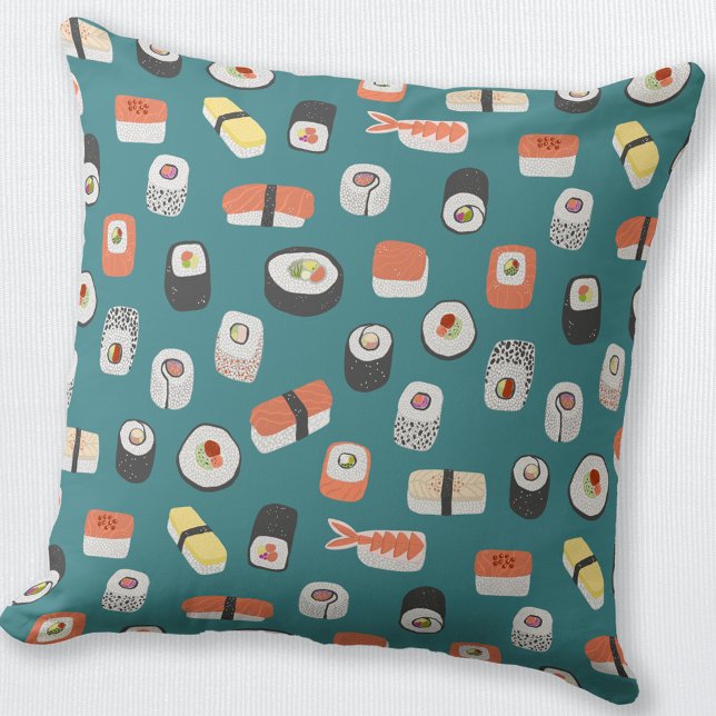 Coussin Sushi Turquoise Green (Japanese sushi nigiri maki roll teal food art throw pillow)