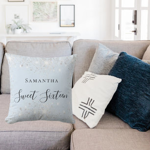 Coussin Sweet 16 bébé bleu argent nom de la parties scinti