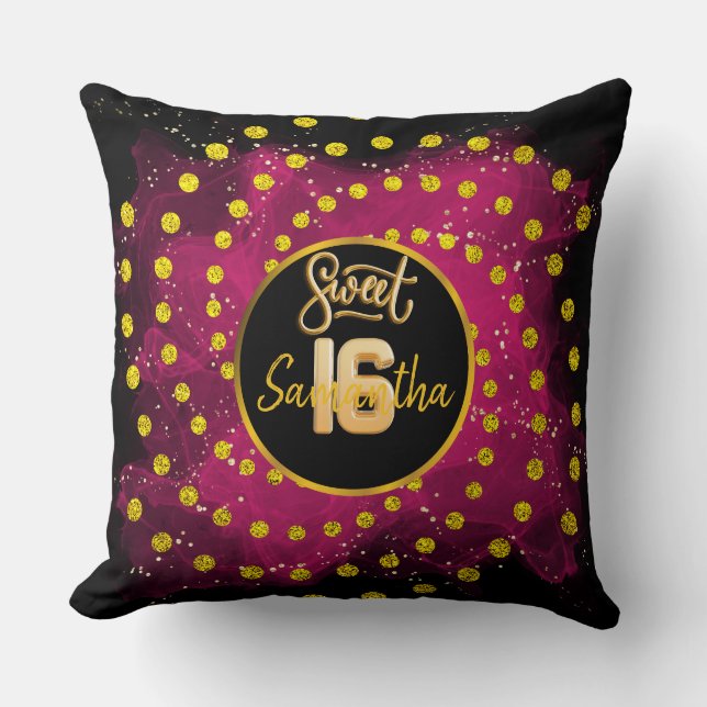 Coussin Sweet 16 Golden parties scintillant nom script lan (Recto)