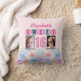 Coussin Sweet 16 nom 2 photos gerbera fleurs rose