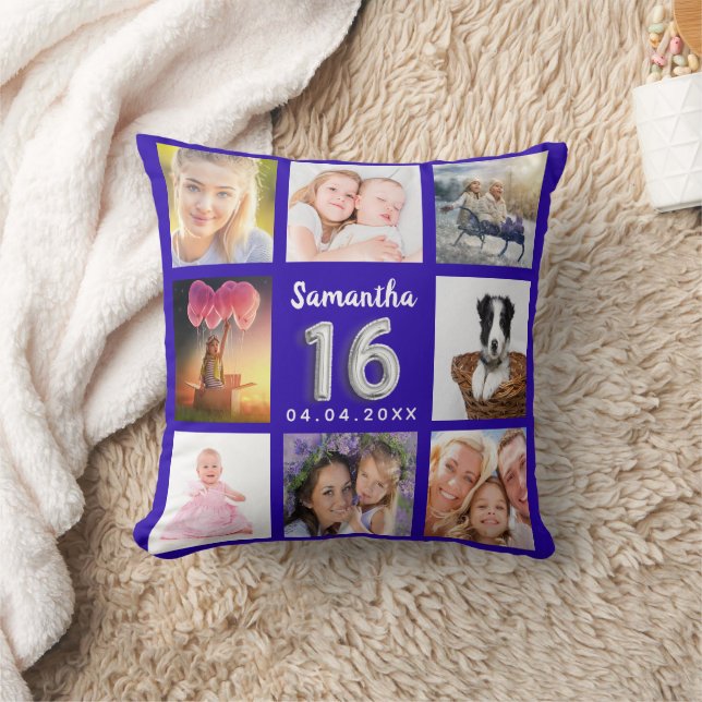 Coussin Sweet 16 royal bleu argent photo collage (Couverture)