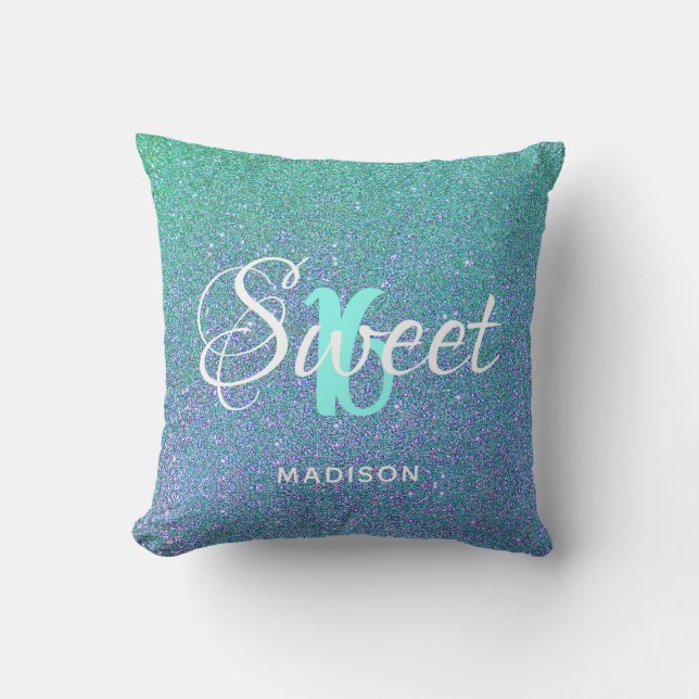 Coussin Sweet 16 Turquoise Parties scintillant Aqua Éclat  (Recto)