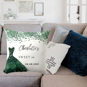 Coussin Sweet 16 vert émeraude robe blanc nom