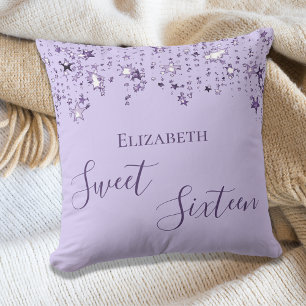 Coussin Sweet 16 violet lilas étoiles nom