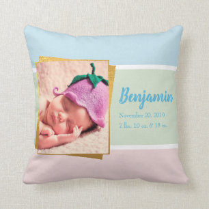Coussin Sweet Pastel Baby Boy Photo Birth Record Stat