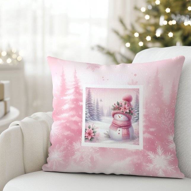 Coussin Sweet Pink Snowman Winter Scene Pillow Kids Gift (Sweet Pink Snowman Winter Scene Pillow Kids Gift)