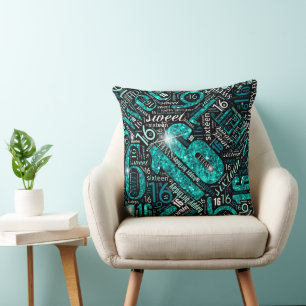 Coussin Sweet sixteen Sparkle Word Cloud Turquoise Blk ID2