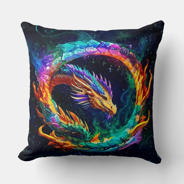 Coussin Symbole artistique vibrant du dragon ouroboros (Recto)