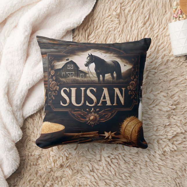 Coussin SYMBOLE DE LA FERME rustique Avec cheval et grange (Couverture)