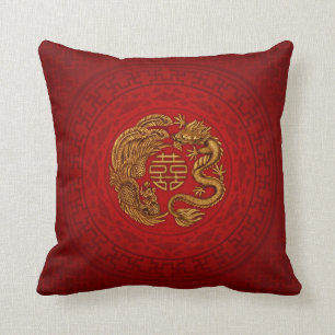 Coussin Symbole du Bonheur Double avec Phoenix et Dragon