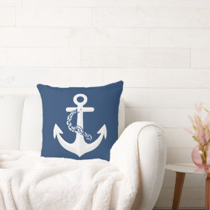 Coussin Symbole nautique d'ancre Classique Blanc Bleu mari