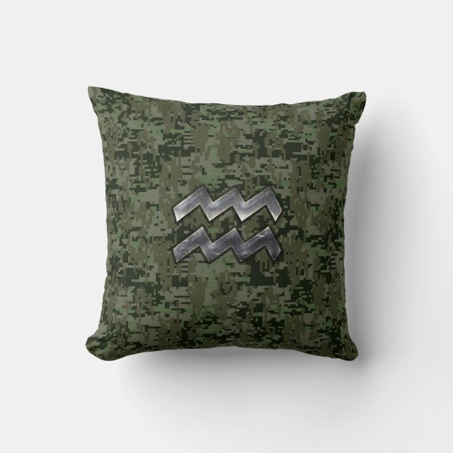 Coussin Symbole Zodiaque Aquarius sur camo numérique vert  (Recto)