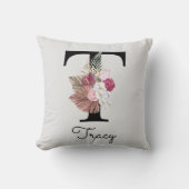 Coussin T initiale florale rose monogrammée (Recto)
