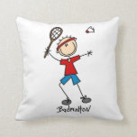 Coussin T-shirts et cadeaux du joueur de badminton<br><div class="desc">T-shirts, mugs, keepsakes, cartes, autocollants, coussins, journaux, magnets, porte - clés et autres vêtements de badminton avec un personnage en bâton de badminton avec raquette et billetterie.</div>